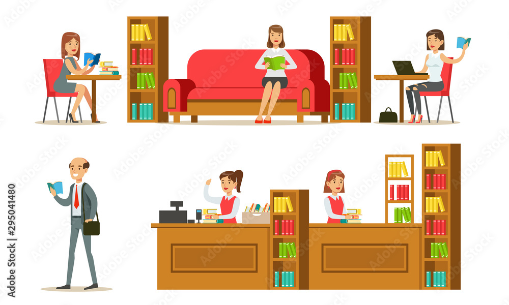 Library Interior and People Set, Visitors and Students Reading, Studying and Preparing for Examination Vector Illustration
