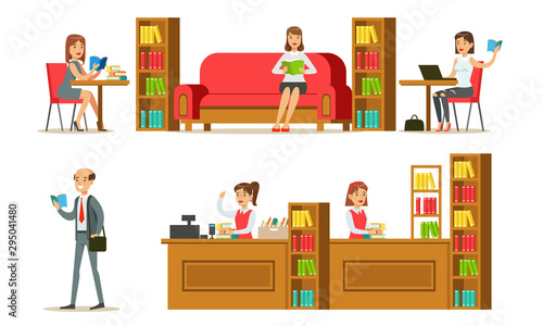 Library Interior and People Set, Visitors and Students Reading, Studying and Preparing for Examination Vector Illustration