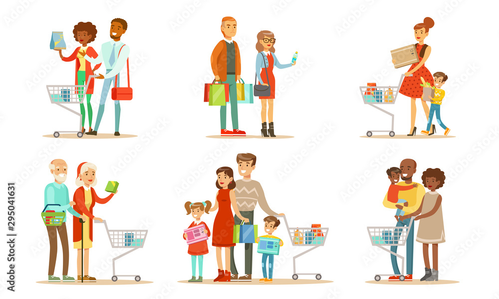 People Carrying Shopping Bags and Pushing Carts with Purchases Set, Family Couples and Parents with Kids Buying Groceries and Taking Part in Seasonal Sale at Store Vector Illustration