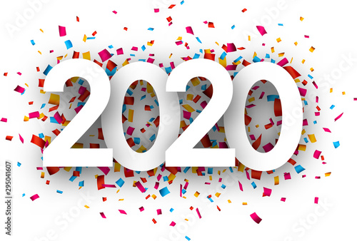 New Year 2020 greeting card with colorful confetti.