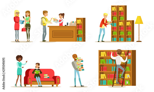 People in Library Set, Visitors and Students Reading, Studying and Preparing for Examination Vector Illustration