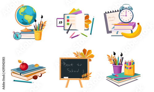 Back to School Elements Set, Education Icons, Different School Supplies and Stationeries Vector Illustration