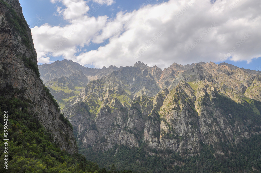 Obraz premium View from mount Monk on the mountain, which is located in the Tsey gorge in the North Caucasus.North Ossetia Alania, Russia.