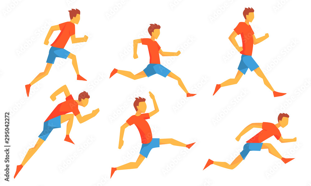 Man Dressed in Sportswear Running Set, Male Athlete in Motion, Sportsman Character Participating in Long or Short Distance Cartoon Vector Illustration