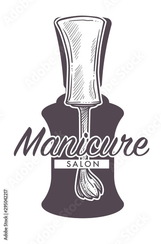 Manicure salon hand drawn sketch logo with close up of nail lacquer
