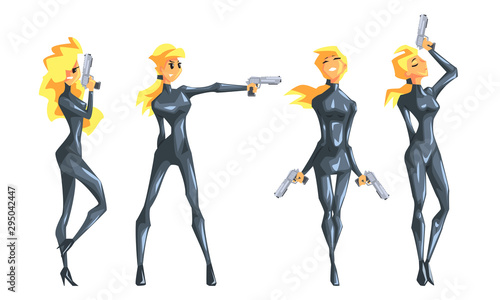 Beautiful Spy Blonde Girl in Black Leather Clothes with Gun Set, Female Secret Agent Vector Illustration