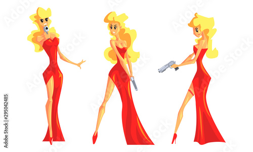 Blonde Woman in Red Dress Set, Beautiful Female Secret Agent Vector Illustration