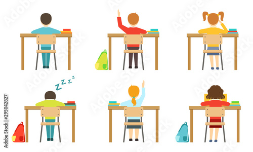 Schools Pupils Sitting at Desks at Classroom, View from Behind, Kids on Lesson, Schoolchildren Characters Studying at School Vector Illustration