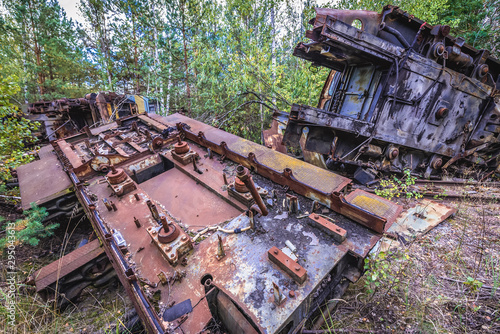 Old locomotives near Yaniv railway station near Pripyat city located in Chernobyl exclusion area, Ukraine