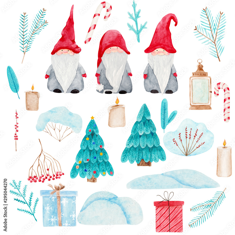 Watercolor Christmas set with Scandinavian gnomes. Beautiful illustrations of Nordic folklore creatures Nisse, Christmas trees, fir and berries branches, snowdrifts, candles, golden lantern, gifts. - obrazy, fototapety, plakaty 
