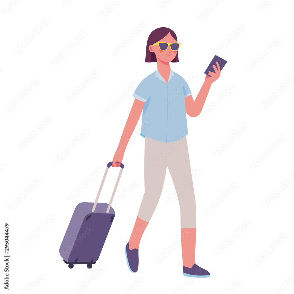 young woman drags a suitcase and holds a smartphone to leave for vacation young woman drags a suitcase and holds a smartphone to leave for vacation
