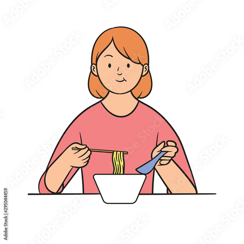 young women holding chopsticks and soup spoons enjoying a hot bowl of ramen