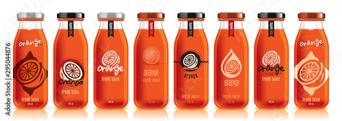 Vector orange juice, glass fruit bottle set