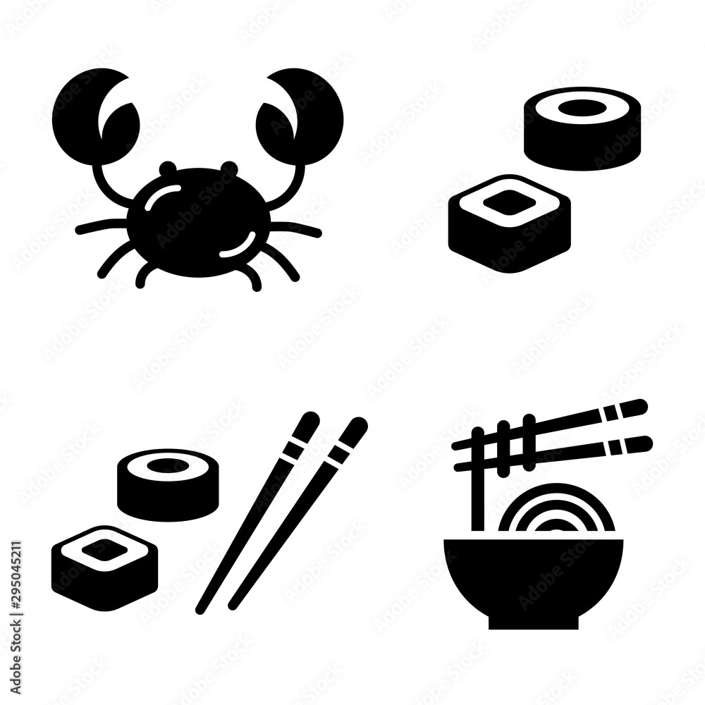 Flat icons of food. Vector illustrations of crab, sushi rolls and noodle. Lunch or dinner menu. Set of icons for online shop. Rolls with salmon and avocado. Sea food.