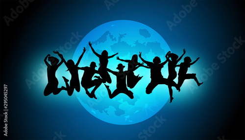 festa, ragazzi, silhouette, felicità, allegria