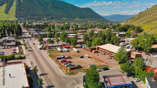 Jackson Hole, Wyoming. Panoramic aerial view of town and landscape on a beautiful summer morning.