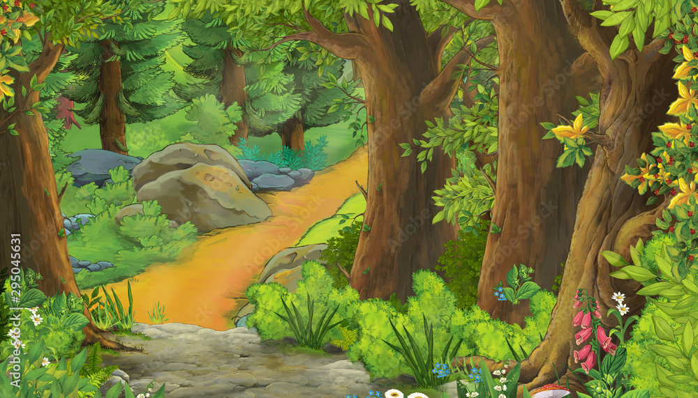 cartoon summer scene with meadow in the forest illustration for children cartoon summer scene with meadow in the forest illustration for children