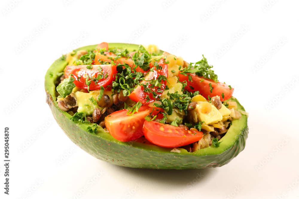 avocado salad with tomato, lentils and herbs