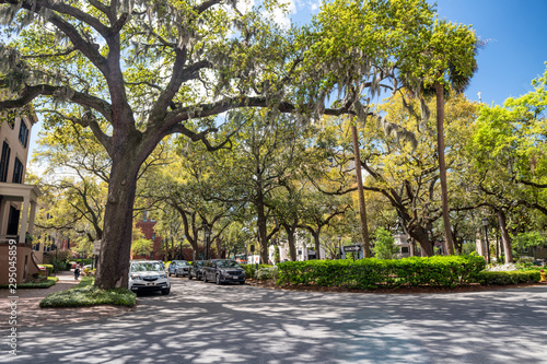 SAVANNAH, GA - APRIL 2, 2018: Beautiful park and buildings of Savannah, Georgia
