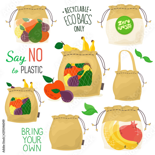 Set Zero waste from eco bags or pouches in cartoon flat style. Say NO to plastic. Save the planet. Vector isolates on a white background. Handwritten lettering. photo