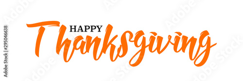 Happy Thanksgiving hand written calligraphic text, vector illustration. Script orange stroke, simple minimalistic calligraphic words isolated on white background, for web banners, greeting cards.