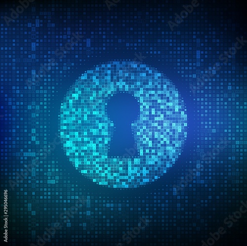 Digital keyhole. Concept of cyber security, firewall, network security, data encryption. Digital binary data and streaming digital code background. Matrix background with digits 1.0. Vector. EPS10.
