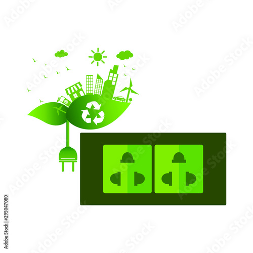 Green city with beautiful natural energy Ecology concept with electrical plugs Vector illustration