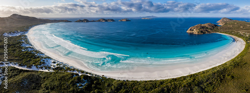 Aerial panorama of the beautiful turquoise waters and beach at Lucky Bay, located near Esperance in Western Australia