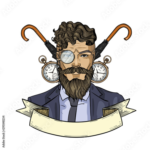 Hand drawn color sketch, british man with beard and mustaches and umbrella and clock. Poster, flyer design