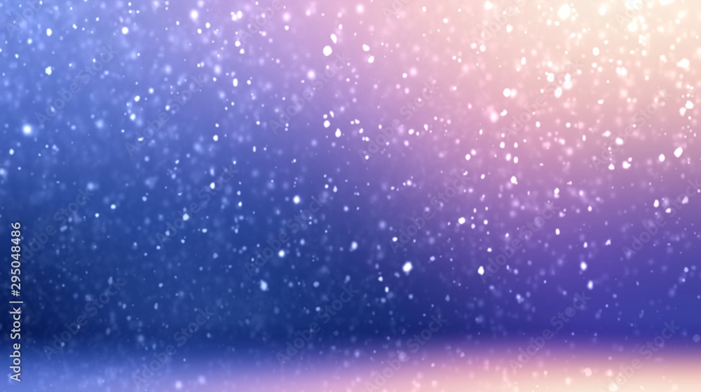 Snow falling on purple 3d background. Pink blue gradient defocus pattern. Winter holiday miracle abstract decor. Magical shine.