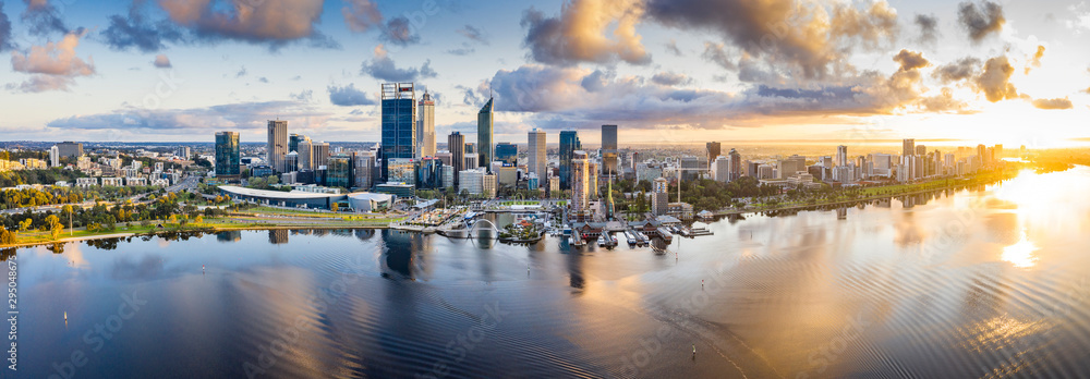Aerial panoramic view of the beautiful city of Perth at sunrise