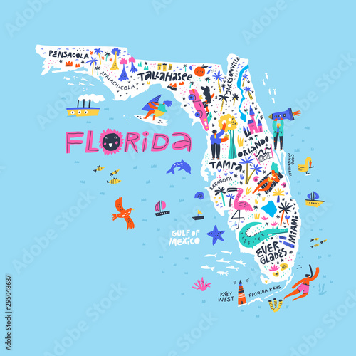 Florida state color map flat vector illustration. American city names handwritten lettering. US tourist attractions, infrastructure, entertainments. People on beach cartoon characters photo