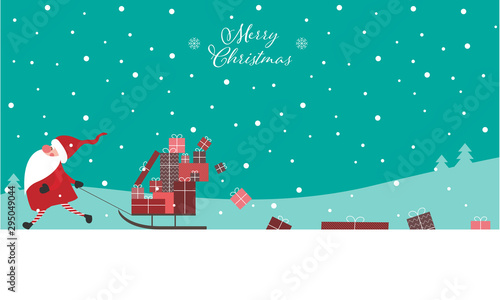 Merry Christmas - Geschenkkarte, Weihnachtswichtel zieht Schlitten mit Geschenken hinter sich her, Banner