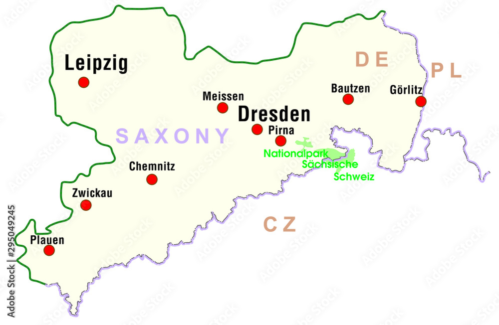 Map of Saxony in Germany - Dresden, Chemnitz, Bautzen, Leipzig