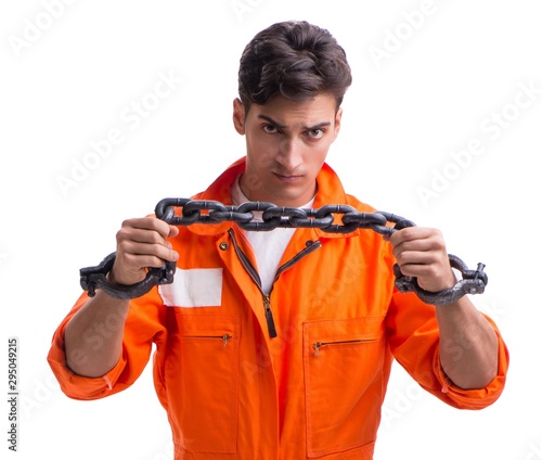 Prisoner with his hands chained isolated on white background photo