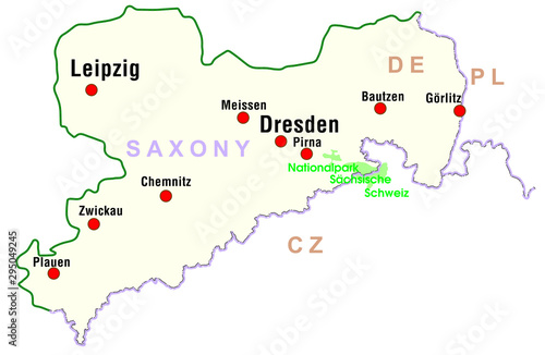 Map of Saxony in Germany - Dresden  Chemnitz  Bautzen  Leipzig