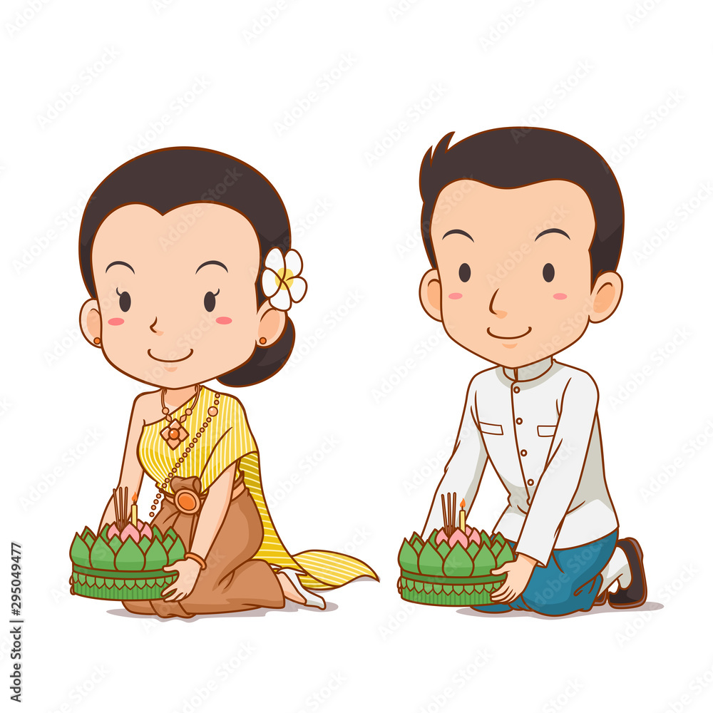 Cute couple cartoon in Thai traditional costume for Loy Krathong Festival. Cute couple cartoon in Thai traditional costume for Loy Krathong Festival.
