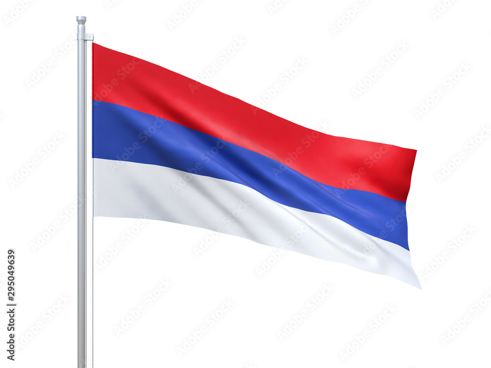 Republika Srpska flag waving on white background, close up, isolated. 3D render Republika Srpska flag waving on white background, close up, isolated. 3D render