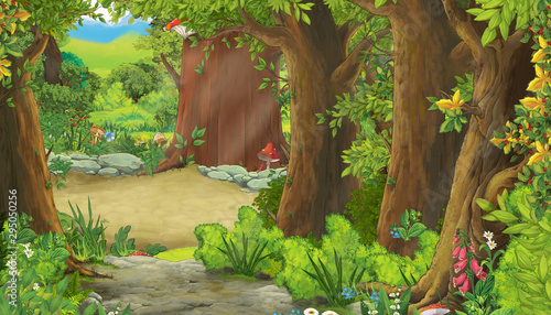 cartoon summer scene with path in the forest - nobody on scene - illustration for children
