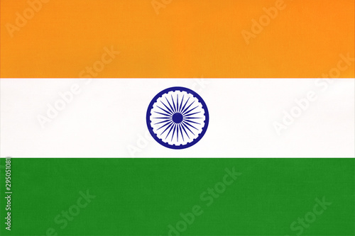 India national fabric flag, textile background. Symbol of international asian world country. photo
