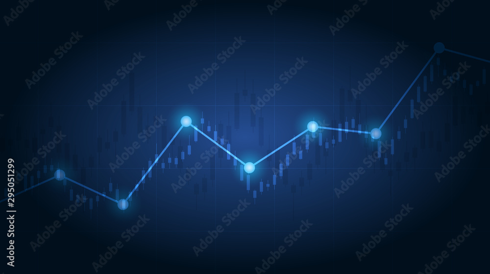 Fototapeta premium Abstract financial graph with uptrend line and bar chart of stock market on blue color background