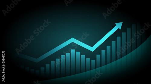 Widescreen Abstract financial graph with uptrend line arrow and bar chart of stock market on green color background