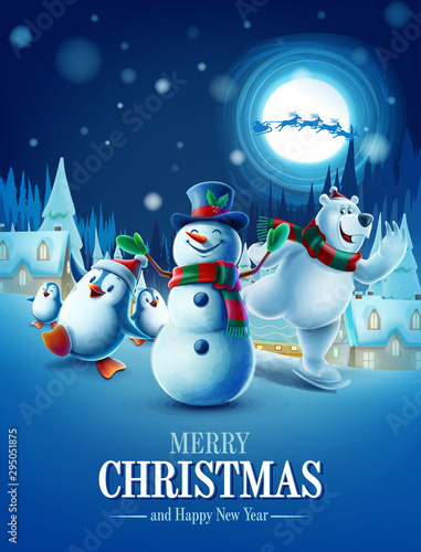 cartoon characters on snow at christmas