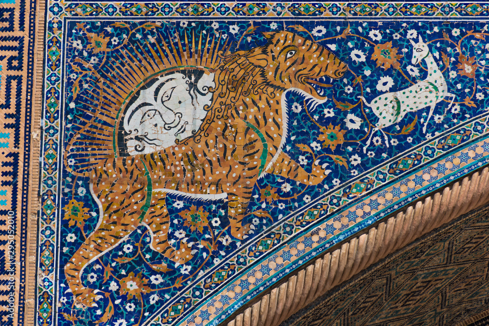 Mosaic on the facade of Sher-Dor madrasah, registan, samarkand