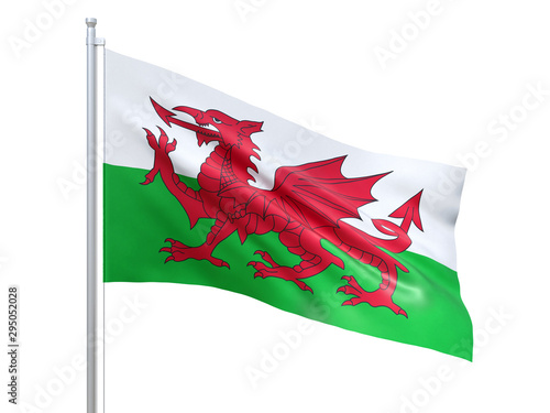 Wales flag waving on white background, close up, isolated. 3D render