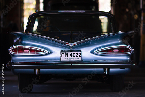 Samutprakarn, Thailand - Oct 25, 2015: Close-up The trunk of the vintage car, the old vintage-style vintage car has been restored has been parked in the garage