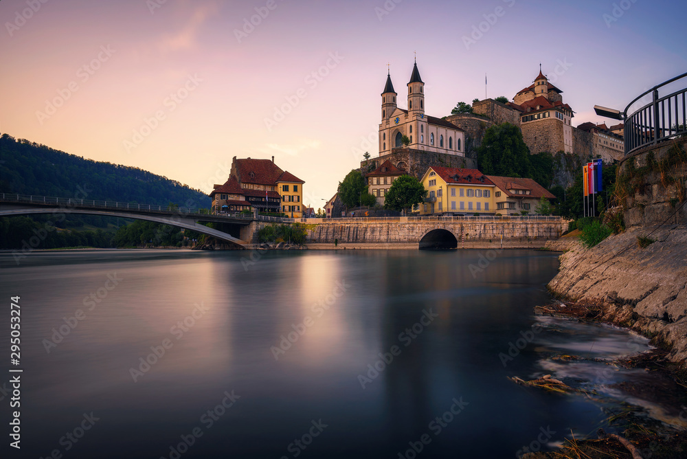 Aarburg Castle and the Aare river in the canton of Aargau, Switzerland