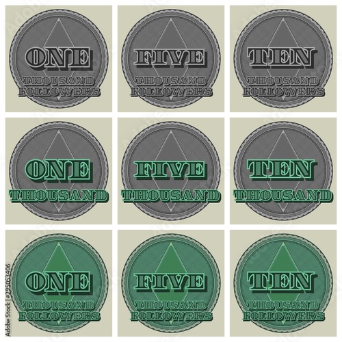 Round green and gray stickers with guilloche grid. One, five and ten thousand followers