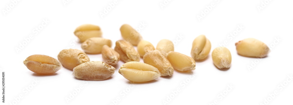 Wheat kernels isolated on white background, macro