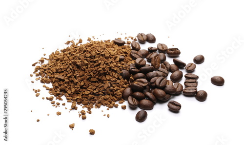 Instant coffee granules and beans isolated on white background